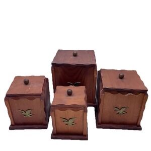 Mid Century Wood 4pc‎ Canister set American Eagle and Stars Kitchen Storage